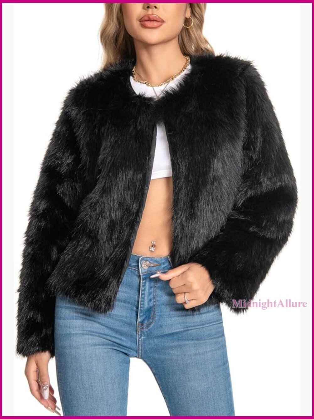 Plus Size Faux Fur Winter Coat with Pockets, Long Sleeve Fuzzy Jacket
